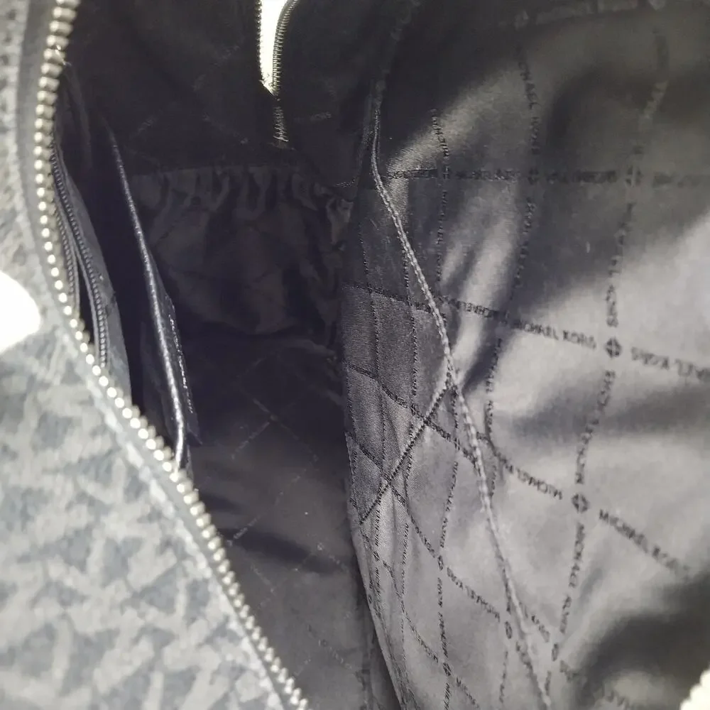 Michael Kors Black Coated Canvas Leather Trim MK Printed Zipper Backpack